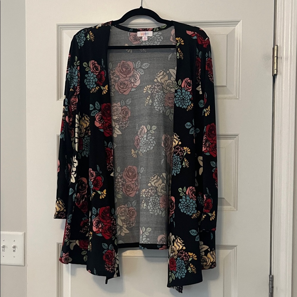 LuLaRoe Black Cardigan with Vibrant Floral Patterns